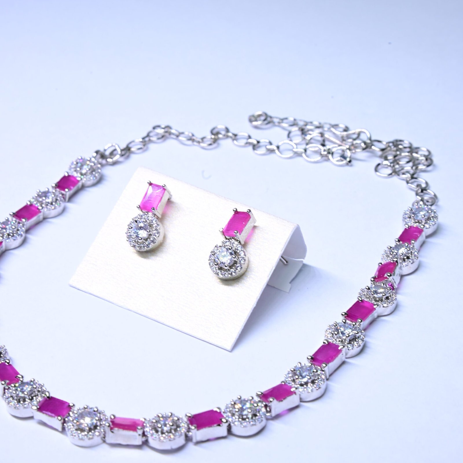 Pink & White stone silver neck set