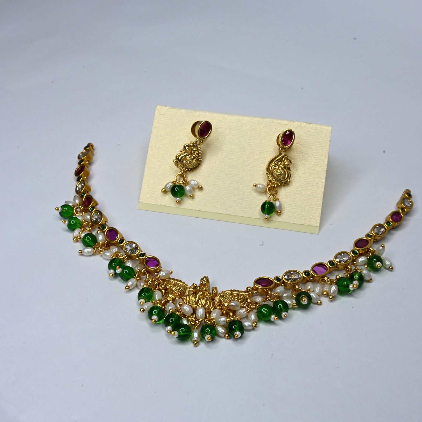 White & Green Beads Laxmi Neacklace
