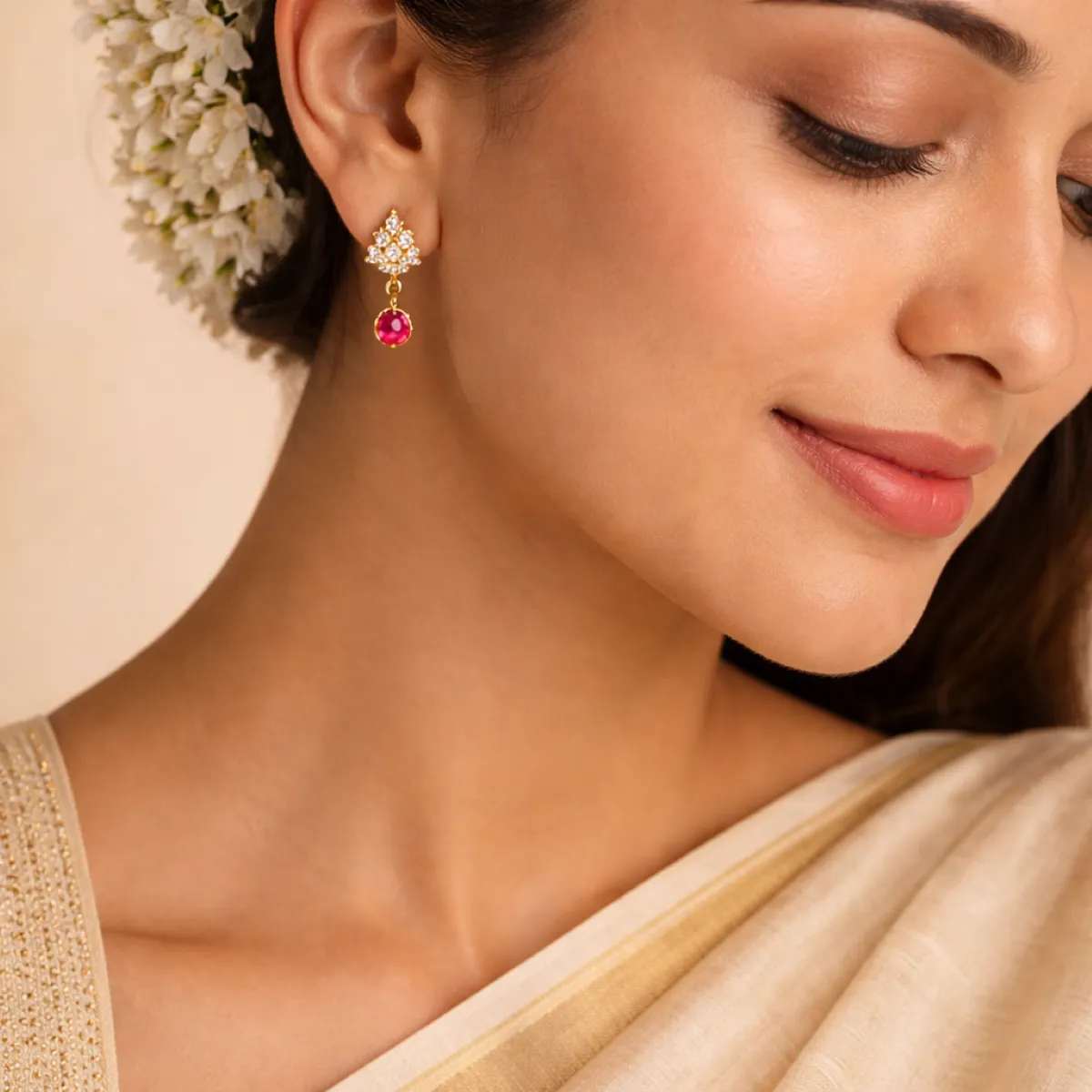 Elegant beauty with gold and ruby earring (Square)_result Elegant beauty with gold and ruby earring (Square)_result