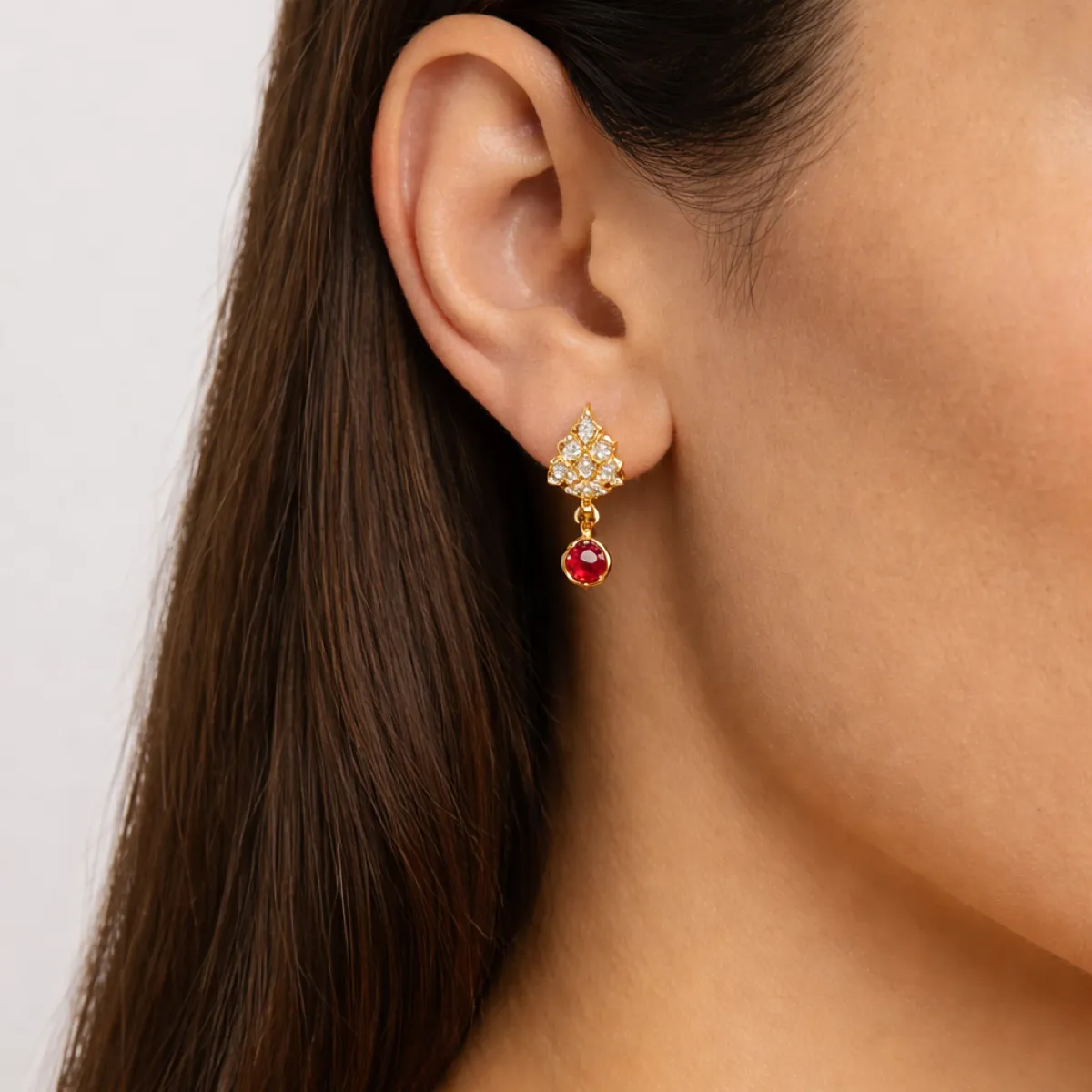 Elegant gold earring with ruby drop (Square)_result Elegant gold earring with ruby drop (Square)_result